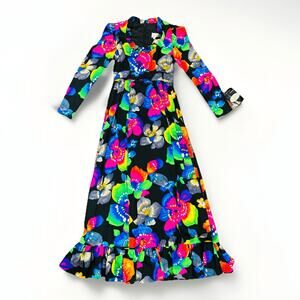 NWT Vintage 60s 70s Pat Richards Watercolor Dress Black Floral Ruffle Collar